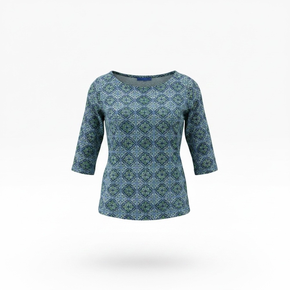 J.McLaughlin Blue Green Tile Print Boatneck Top 3/4 Sleeve Button Shoulder S